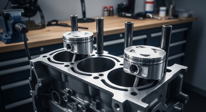 Close-up view of an engine block with pistons partially inserted, set in a workshop environment with tools and a workbench in the background.