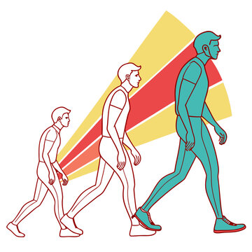 Progression of human evolution from ape to modern man depicting forward movement and growth with colorful backdrop representing progress and development through stages of life.
