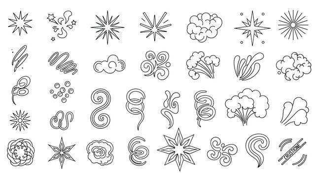 Dynamic smoke clouds and spark effects are illustrated in black outline style for comic books animation and graphic design assets.