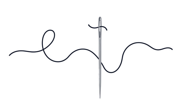 Thin sewing needle with a long black thread winding through its eye symbolizes tailoring craftsmanship and creative textile arts.