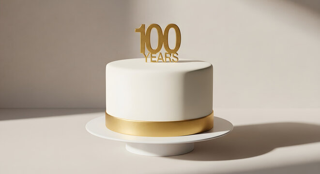 Elegant white and gold cake with '100' topper for a milestone celebration