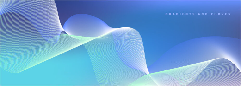 ブルーグラデーションの横長レイアウトに大きく交差する白い流線ウェーブを描いた近未来的な抽象背景