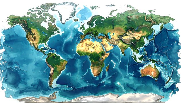 A detailed map depicting Earth's landmasses and oceans with realistic shading, highlighting underwater geological features