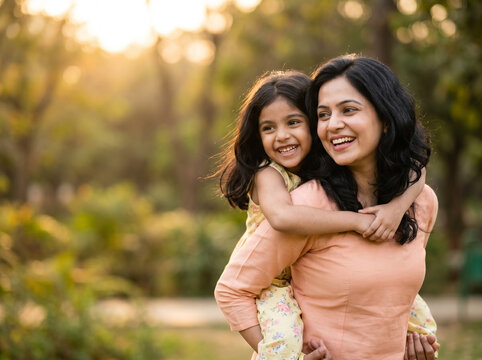 indian mother and daughter hugging in warm sunlight representing emotional bonding parenting happiness and family security concept