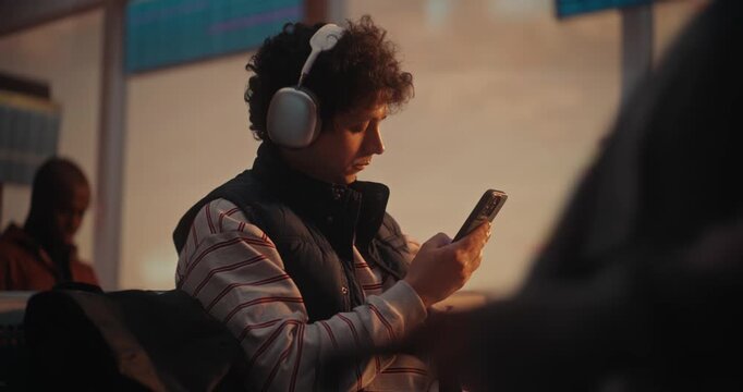 During Warm Golden Hour, Male Passenger Managing Travel Logistics. After Putting on Silver Headphones, Man Cross References Boarding Pass With Mobile App on Smartphone. Travel Apps, Airline Marketing.