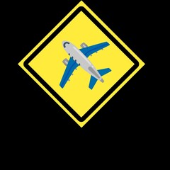 Fototapeta premium Vector illustration of a yellow rhombus-shaped traffic warning sign with a modern airplane icon in the center. This image shows the airport area warning, tar plane zone,airplane warning sign