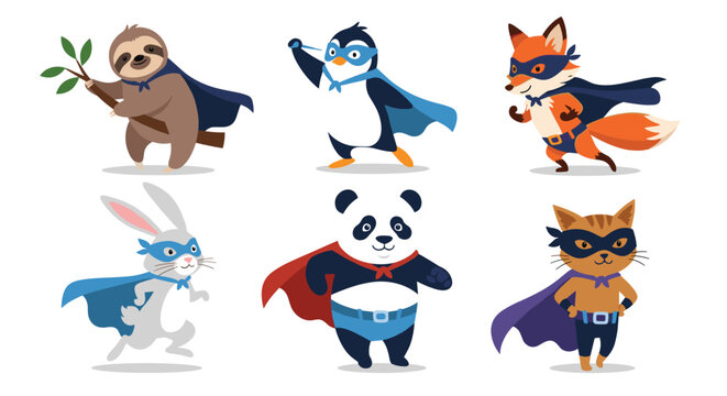Group of cute animals dressed in superhero costumes with capes and masks including a sloth penguin panda cat bunny and fox characters.