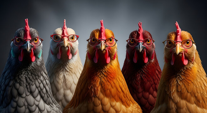 A colorful row of chickens a portrait of farm poultry