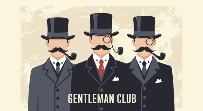 Vintage gentleman club illustration featuring three faceless men in top hats and suits with pipes and monocles on aged paper.