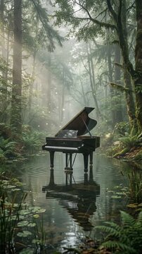 森の水辺に佇むピアノ朝霧幻想背景素材
