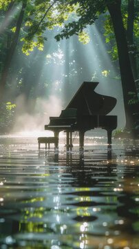 森の水辺に佇むピアノ朝霧幻想背景素材
