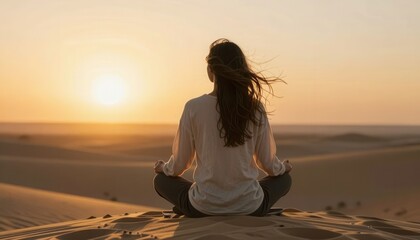 Fototapeta premium Young woman meditating at sunrise on sandy dunes with golden light and serene atmosphere