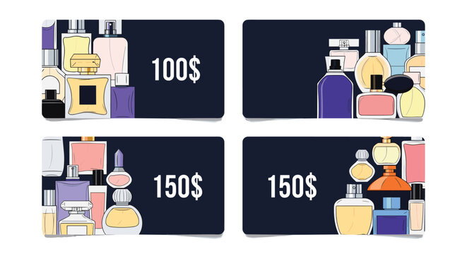 Elegant gift card templates for a perfume shop featuring various colorful fragrance bottle illustrations and dollar values.