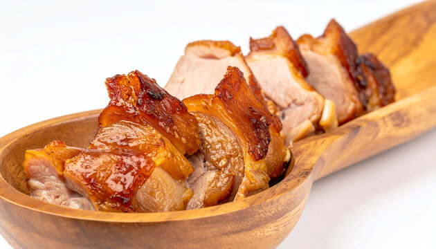 Crispy roasted pork belly slices with golden brown crackling in a wooden serving spoon