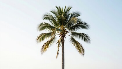 Fototapeta premium Tall palm tree isolated against clear blue sky with bright sunlight and green fronds