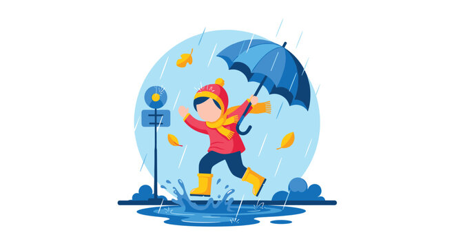 A joyful child wearing a bright red coat and yellow boots jumps enthusiastically into a splashing blue puddle while holding a large blue umbrella outdoors.