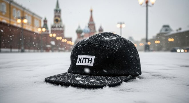 Black KITH Cap Resting in Snowy Red Square.