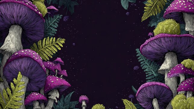 Hand-drawn whimsical border of purple and white toadstool mushrooms with green leaves and ferns, large white spots, detailed edges on dark background, magical forest style with empty center