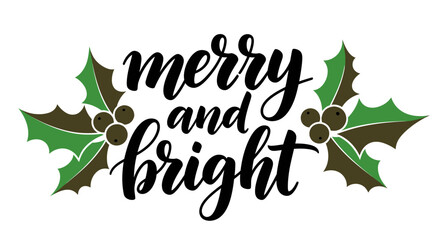 Naklejka premium Merry Christmas, holiday greeting, bright holly, festive vector phrase