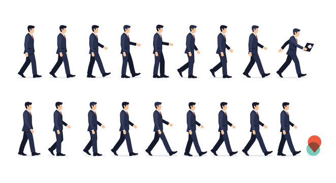 Sequence of animation frames showing a businessman in a blue suit walking from left to right in a smooth, continuous motion.