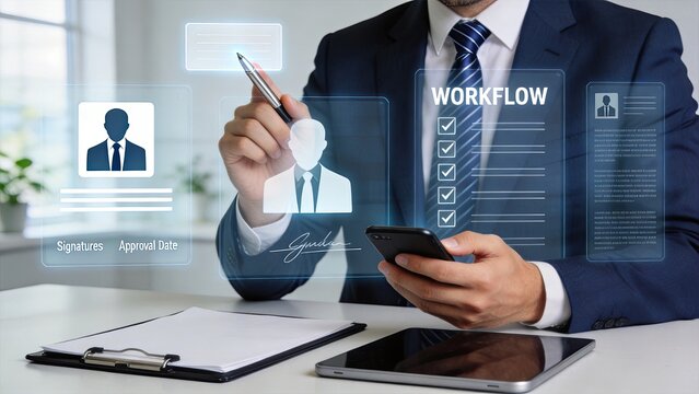 Businessman interacting with holographic workflow interface signing digital contracts modern office technology future business automation cloud computing system paperless