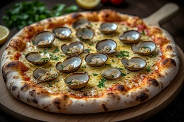 baked new haven style white clam pizza on a wooden pizza peel
