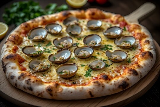 baked new haven style white clam pizza on a wooden pizza peel
