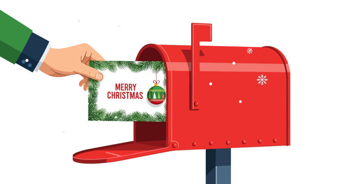 Christmas card, red mailbox, hand inserting card, holiday mail, festive greeting