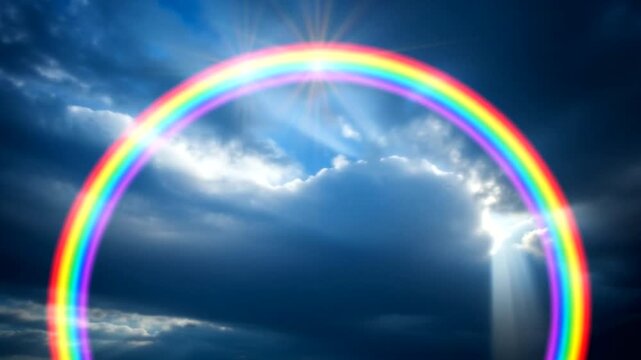 Vibrant Rainbow Arching Over Cloudy Sky.