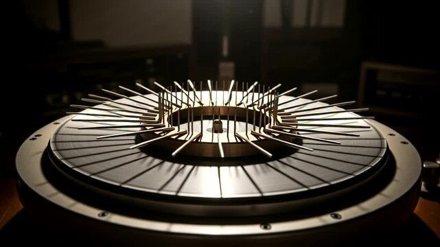 Rotating Metal Turbine in Dark Room.
