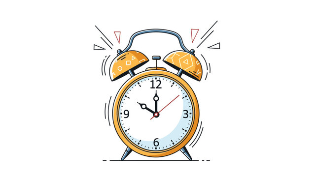 Orange ringing alarm clock with a white face and black numbers shown with motion lines to represent a loud wake-up call in the morning.