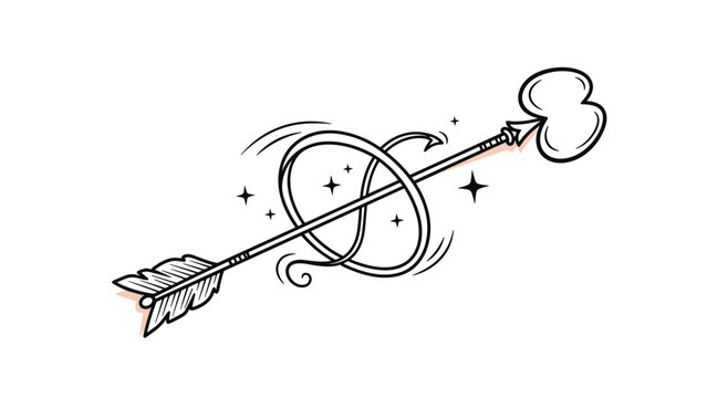Decorative line art of an arrow with a heart-shaped tip and a loop in the middle decorated with stars for romantic and magical designs.