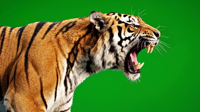Tiger Roaring Ferociously Isolated on Solid Green Screen Background