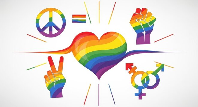 Colorful Rainbow Pride Symbols of Love and Peace.