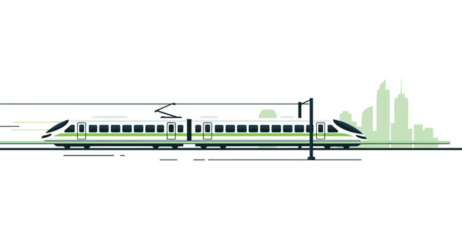A streamlined high-speed electric train glides swiftly along a horizontal track against a backdrop of a minimalist pale green urban city skyline view.