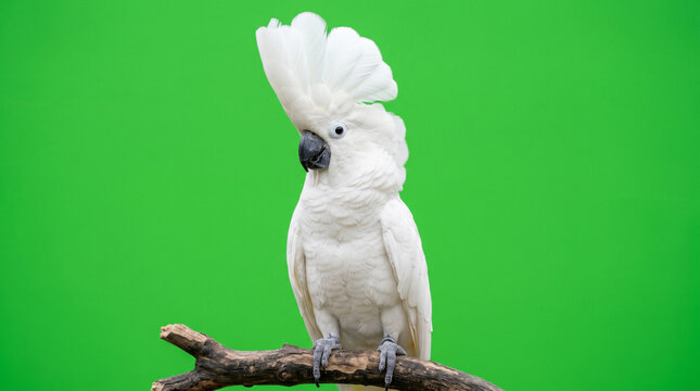 Majestic white Sulphur-crested cockatoo with its crest raised perched on a branch against a vibrant green screen perfect for easy background removal