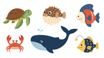Fototapeta premium Selection of cute cartoon sea creatures including a turtle, pufferfish, fish, crab, whale, and a deep sea anglerfish.