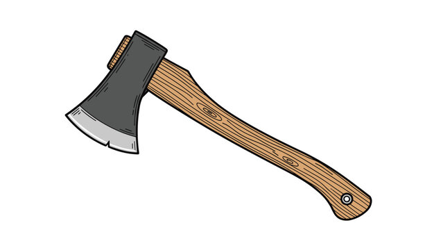 Traditional hand axe illustration with a sharpened metal head and a curved wooden handle for camping and woodworking themes.