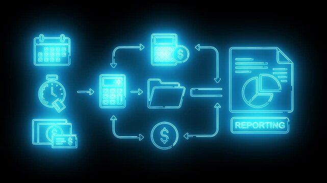 Neon-lit flowchart diagram with glowing blue icons and lines on a black background illustrating business reporting and finance processes.
