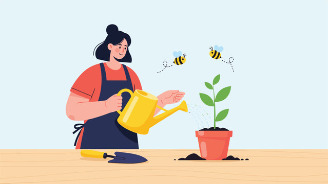 Cheerful illustration of a woman in an apron watering a vibrant potted plant with a yellow can while bees fly nearby.