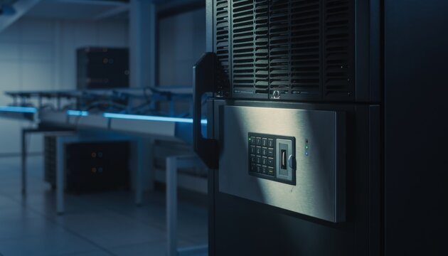 Secure server rack with keypad lock in dimly lit datacenter, emphasizing technology and access control