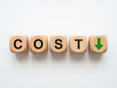 wooden cubes spelling cost with downward arrow on white background representing price decrease deflation and business cost reduction concept