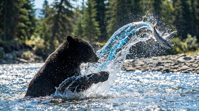 Black bear in a river splashes water while reaching for fish, showcasing dynamic wildlife action