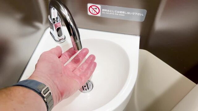 Person Washing Hands in a Public Restroom Sink in Kyoto Japan