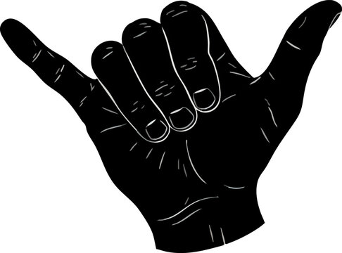 Black shaka hand gesture silhouette for surf and beach themes
