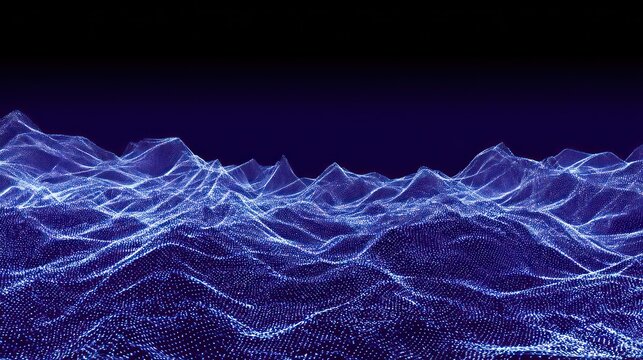 Illuminated digital terrain displays undulating wave patterns against a dark background.