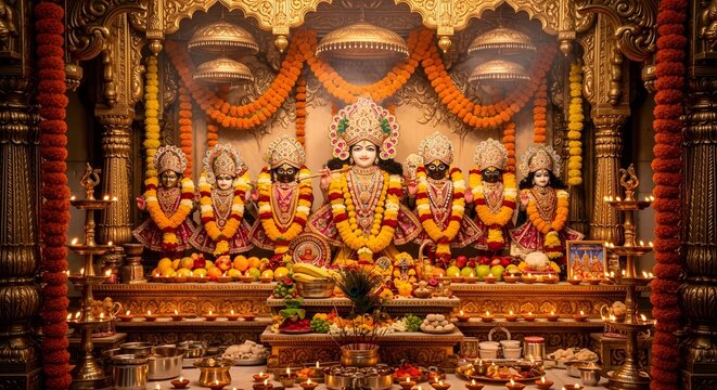 Ornate Hindu Temple Altar with Vishnu Deities Decorated for Celebration