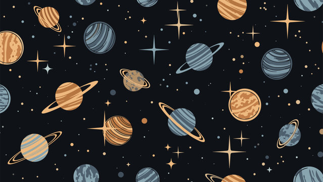 Seamless cosmic pattern featuring various planets, rings, and glowing stars set against a deep black outer space background.