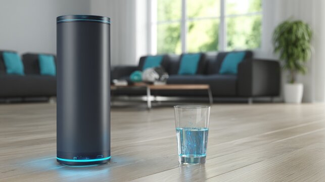 Cylindrical smart device illuminates its base next to a half-full drinking glass on wooden flooring inside a contemporary living room