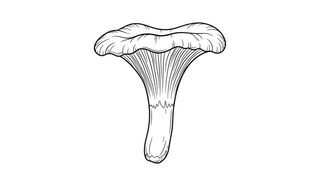 Detailed black and white botanical line drawing of a chanterelle mushroom with its characteristic wavy cap and ridged stem.